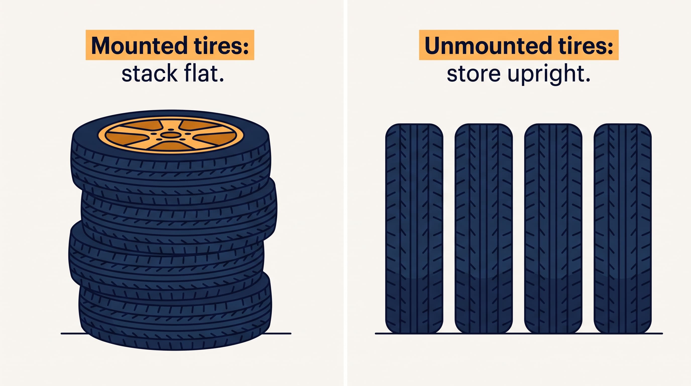 Diagram comparing mounted tires stacked flat versus unmounted tires stored upright