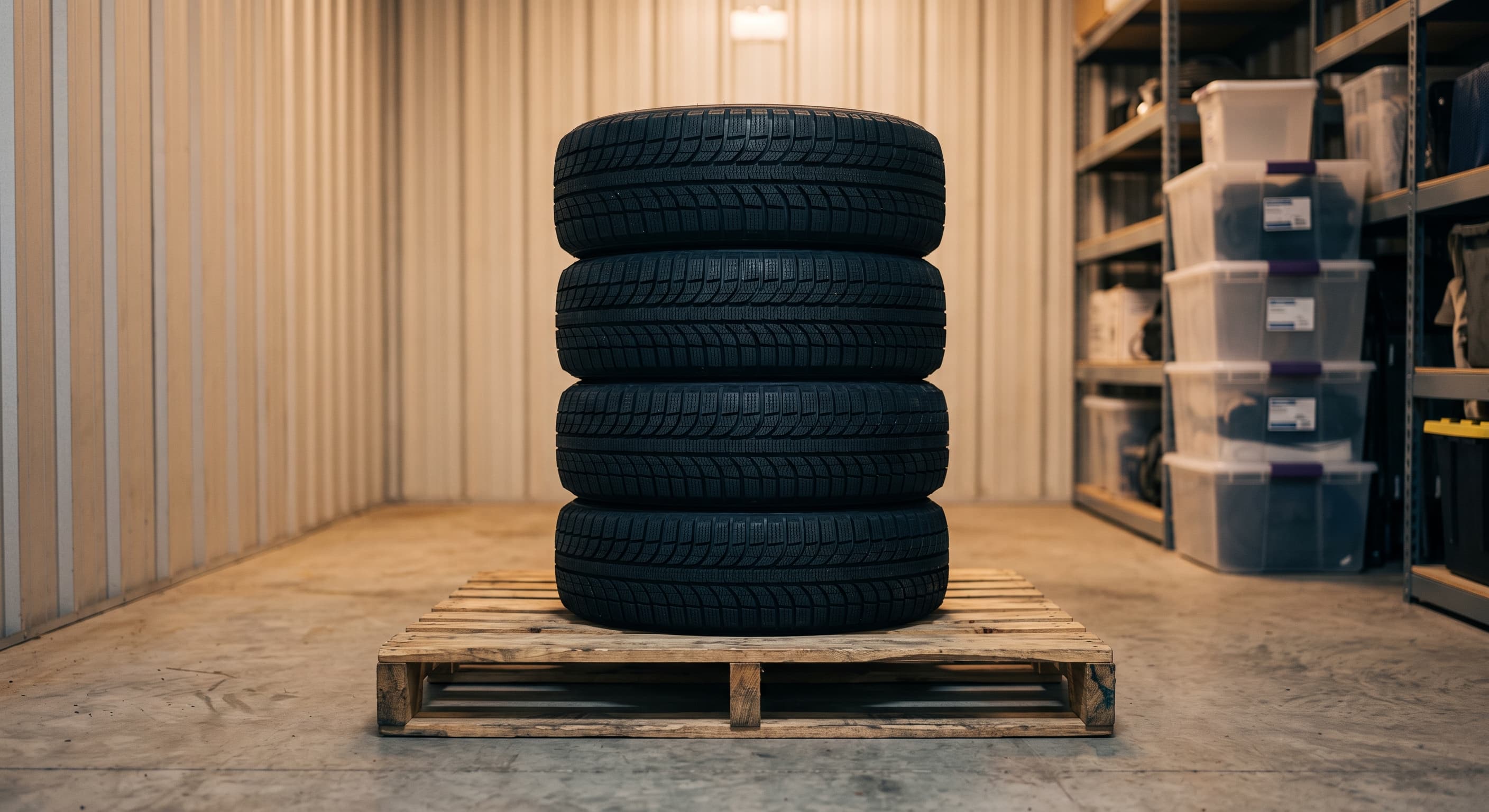 Four clean winter tires stacked on a pallet inside a self storage unit